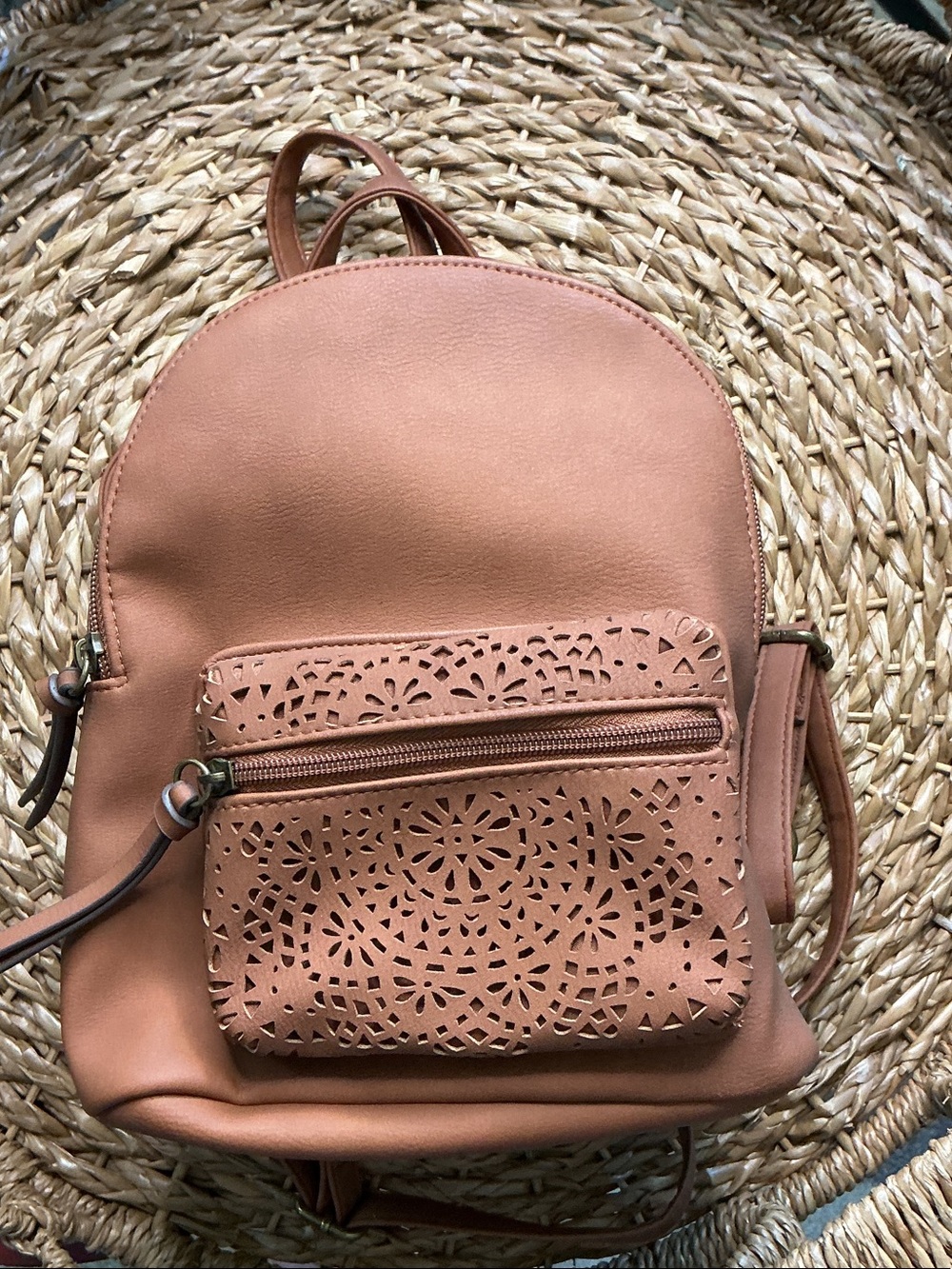 9 inch Women's Tan Laser-Cut Mini Backpack